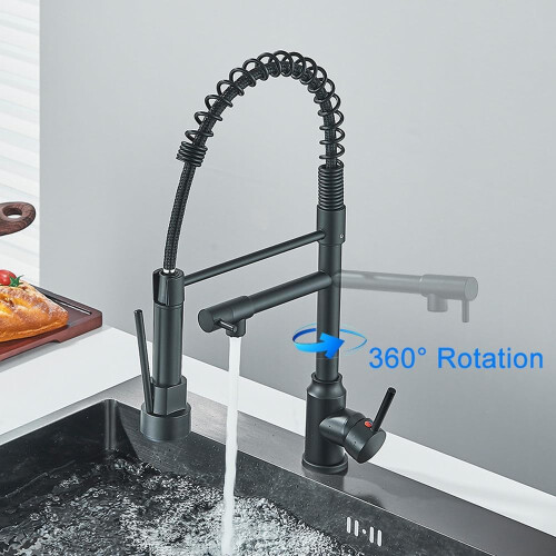 Black Kitchen Faucet 360Degree PullDown DeckMounted Hot Cold Mixer Dual Faucets 2