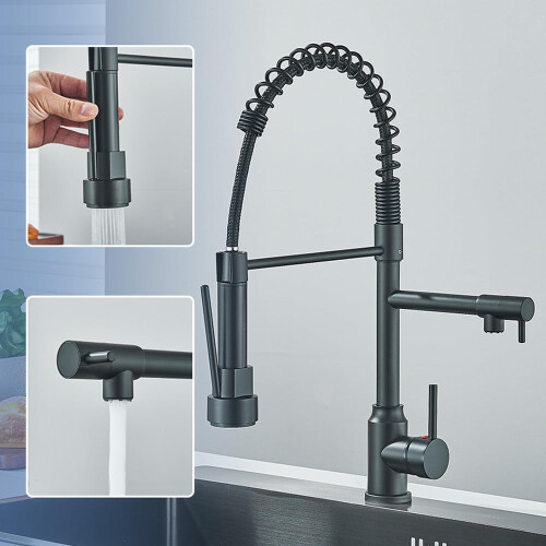 Black Kitchen Faucet 360Degree PullDown DeckMounted Hot Cold Mixer Dual Faucets 1