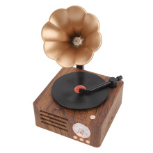 Vintage Record Player  Copper Horn Speakers, Rotating Turntable for Home Decor, Portable Wood Grain  Stereo Speakers for Bedroom Living Room