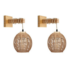 2X Retro Wall Light Woven Rattan Wood Sconces Living Room Bedside Lamp Vintage Bedroom Decoration Lighting-B