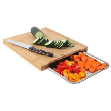 Bamboo Cutting Board with Sliding Stainless Steel Tray for Meat Vegetables Bread 35x24x4cm