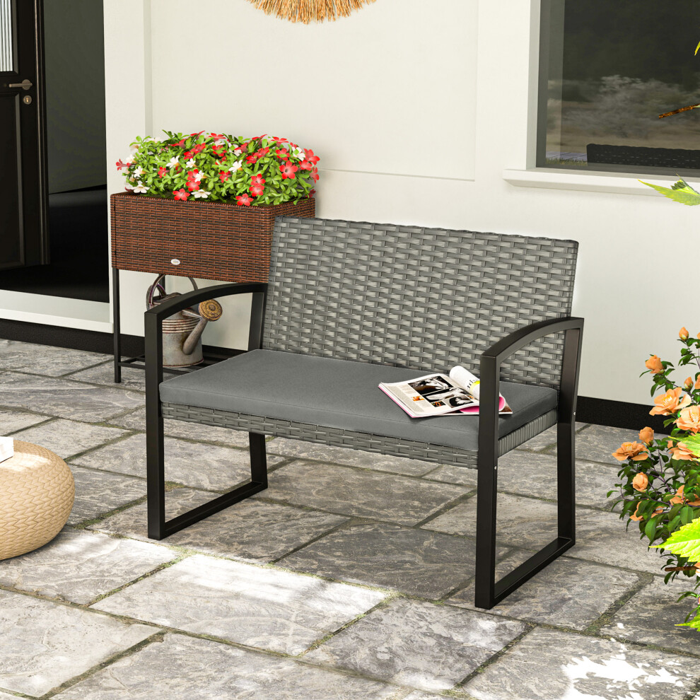 Outsunny 2 Seater Rattan Garden Bench With Cushion, Steel Frame, Dark Grey