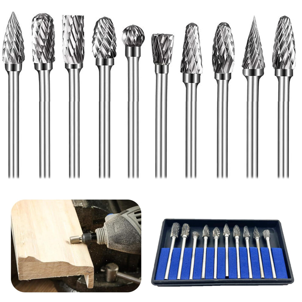 Tungsten Carbide Steel Double Cut Rotary Burrs 10Pcs, 1/8 In Shank, Dremel Compatible, Carving Engraving 9347817159455