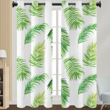 Blackout Curtains Green Leaves Pattern, Eyelet Curtains, Thermal Insulated, For Bedroom, 2 Panels, 168 x 183 cm