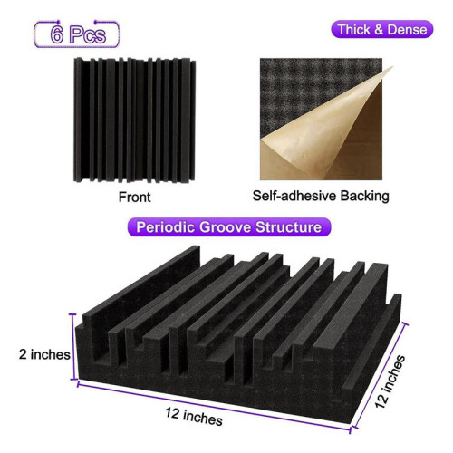 PainéIs de Espuma AcúStica Autoadesivos de 12 Unidades, Espuma Absorvente de Som de 12 X 12 X 2 Polegadas, Espuma À Prova de Som de EstúDio de 2