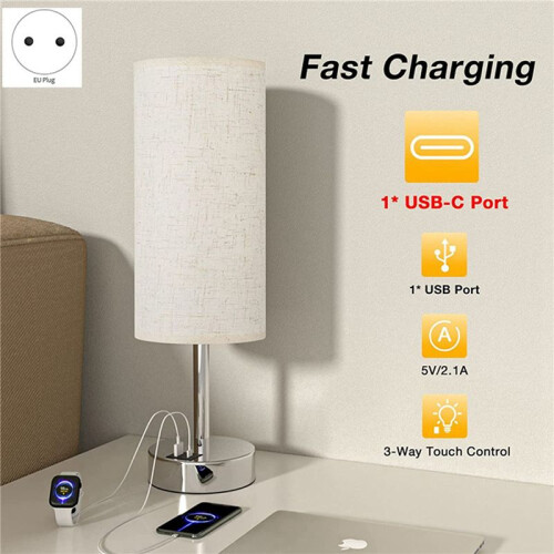 2X Bedside Table Lamp Touch Control Writing Lamps with USB-C USB-A Charging Port USB Lamp Lampshade Study EU Plug 1