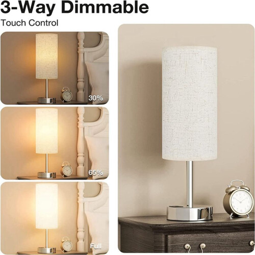 2X Bedside Table Lamp Touch Control Writing Lamps with USB-C USB-A Charging Port USB Lamp Lampshade Study EU Plug 2