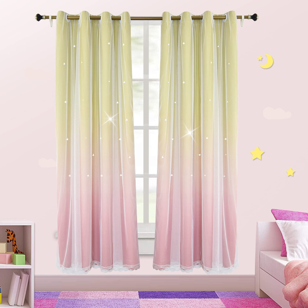 Double Layer Gauze Curtain CutOut Stars Blackout Thermal Insulated Eyelet  1 Panel W42xH84 Inch For Kids Bedroom