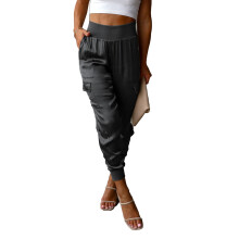 Pantaloni da jogging in raso da donna, pantaloni da casa a vita alta con tasche, gamba affusolata, tessuto setoso, pantaloni sportivi casual,