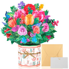 Flower Bouquet Pop Up Card, Handmade 3D Greeting with Envelope (8.5' x 8')
