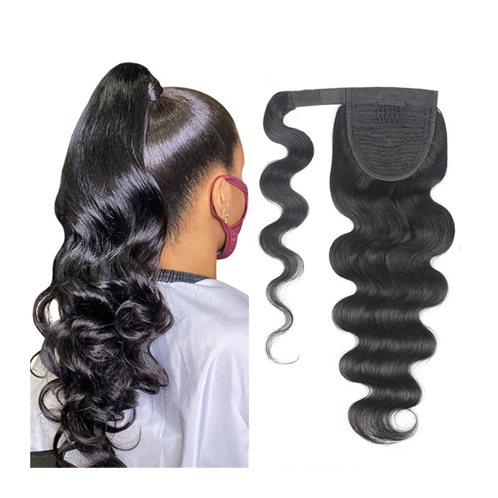Unisex Black 10 Inch Long Wavy Human Hair Ponytail Extension With Wraparound Brazilian Hairpiece