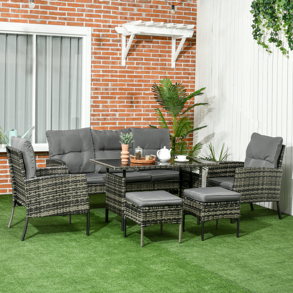 Outsunny Grey 5 Seater Rattan Garden Furniture Set, 2 Armchairs, 3-Seater Wicker Sofa, 2 Footstools Glass Table 6 Piece Patio Sofa Sets For Conservatory - Image 4