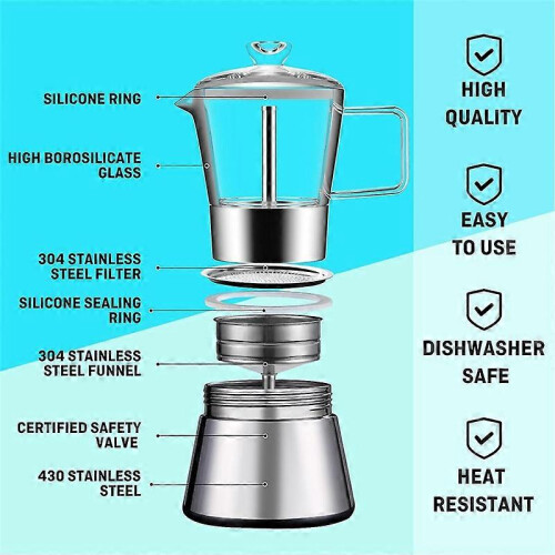 Κλασική ιταλική κατσαρόλα Moka με επαγωγή, γυαλί και δίσκο από ανοξείδωτο ατσάλι 1