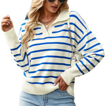 Genser til dame, casual topper til dame Lett strikket langermet genser med V-hals, løs passform, stripete blokkfarget design med ribbestrikk
