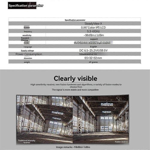 Screen receiver for SteadyView X 5.8 GHz IPS module, FPV goggles, receiver range, control sensitivity, motor 2