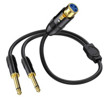 XLR female Y-splitter cable to dual 6.35 mm (1/4 inch) jacks; XLR female microphone audio converter to dual 6.35 mm mono jacks