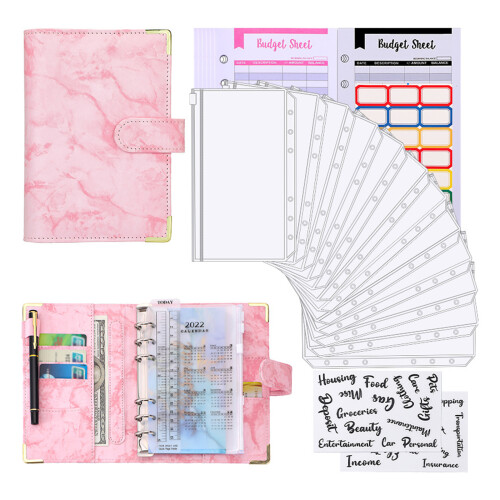 A6 PU Leather Budget Binder Marble Pattern Includes Stickers & Ruler 2