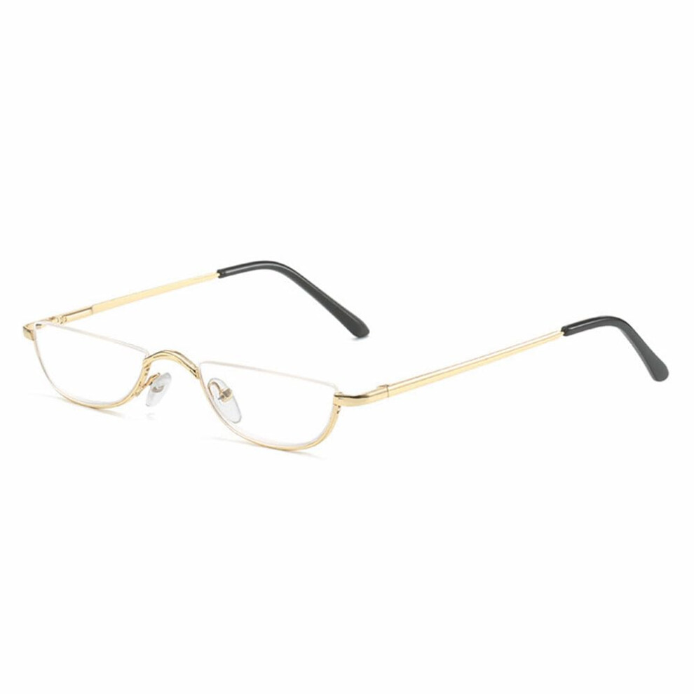 Retro Half Moon Reading Glasses 300 Degree Metal Spring Hinges Small Frame Semi Rimless Gold