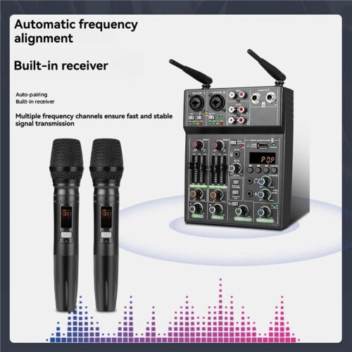 Console Mixer Audio A 4 Canali con Microfono Wireless USB  Reverb per DJ PC Record 1