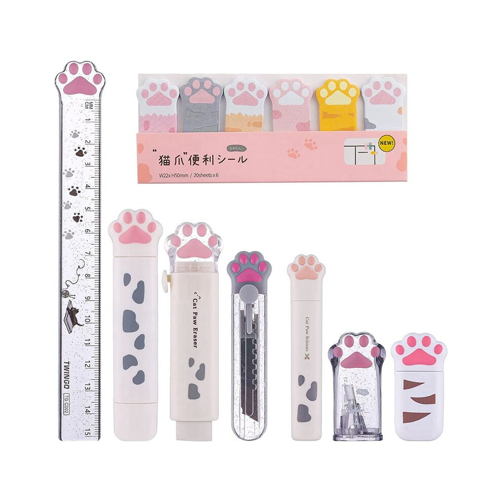 8 Pcs Cute Cat Paw Stationery Set Kawaii School Supplies Including Pencil Sharpener Retractable Eraser (White) 4711184273437