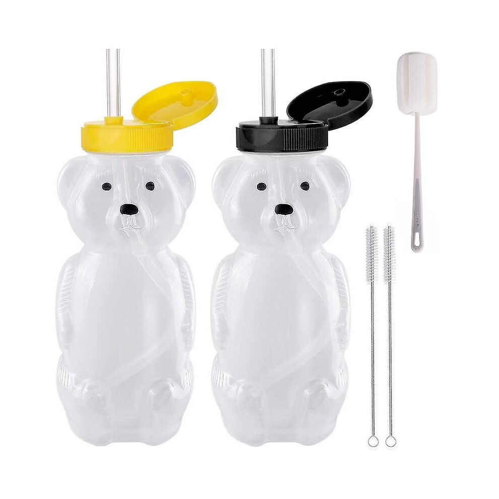 2 Pack Honey Bear Straw Cups With 2 Flexible Straws & Cleaning Tools(2 Straw Brushes &1 Bottle Brush), 8oz Bottles