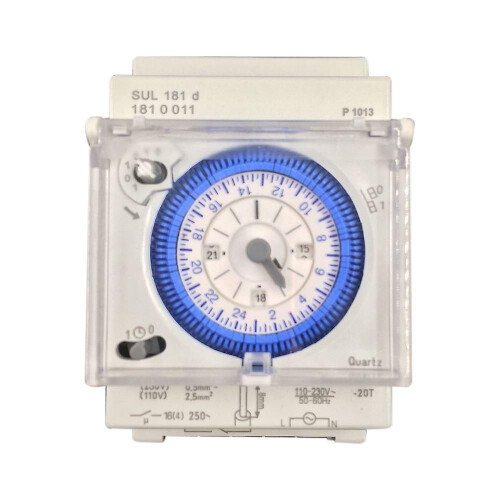 Analog mechanical timer 110-220 V, programmable 24 hours/day, setting in 15 minute increments.