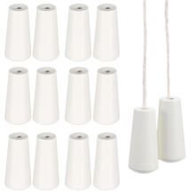 Set of 12 white wooden cord pulls for Venetian blinds, with tassels and finials.