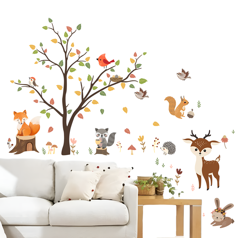 Woodland Creatures Decal Set For Playroom, Easy To Peel And Stick Wall Stickers, Customizable Forest Animal Scene with Removable Technology,