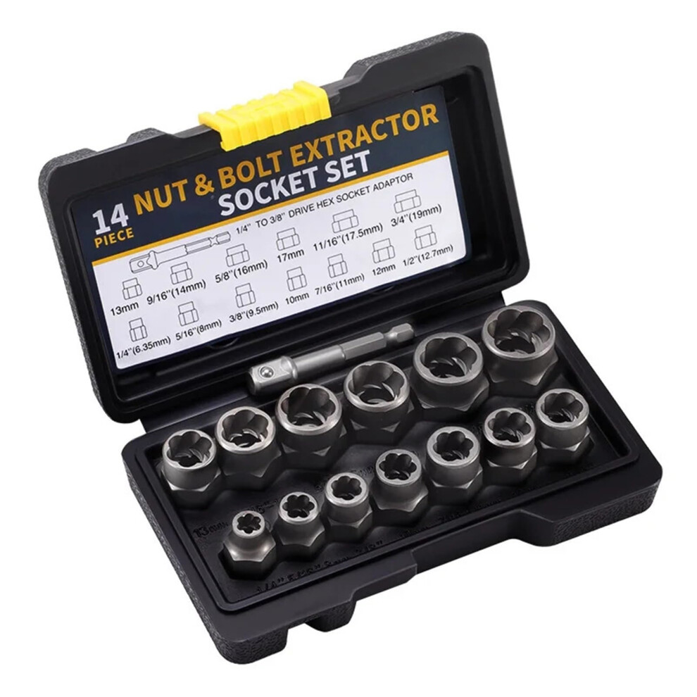 14Piece Tool For Removing Damaged Screws, Impact Screw And Nut Remover Set, Alloy, Damaged Screw Nuts, Extractor, Socket Wrench Set Black 9347817973594