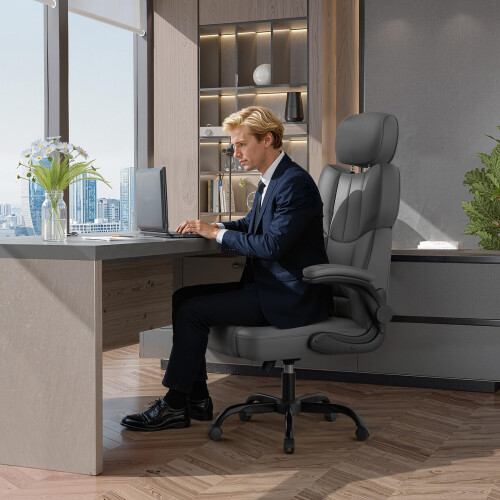 (FC Leather - Dark Grey) Q-Series Office Chair High Back Adjustable 1