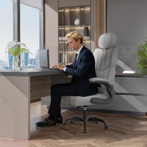 (FC Leather - Light Grey) Q-Series Office Chair High Back Adjustable 1