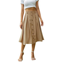 Saia midi evasê, com botões frontais, cintura elástica, estilo casual. Saia midi evasê de cintura alta com bolsos, design vintage e tecido