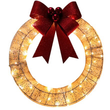 Voorverlichte Kerstkransdecoratie voor Buiten, Kerstversiering voor Buiten Heilige Kerstkrans met Lichtjes Goud