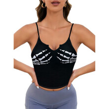 Camisole Sans Manches pour Femme, Imprimé Tête de Mort et Main D'Halloween Noir XL