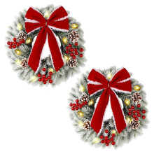 2 Stuks Verlichte Kerstkransen, 9.8 Inch Voorverlichte -Kerstkrans met  Strik, Dennennaaldkrans met LED-Verlichting