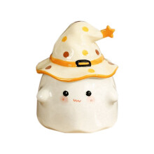 Coffee Cup, Cute Face Cup with Witch Hat Lid, Novelty Halloween Ceramic Tea Cup, for Halloween Yellow