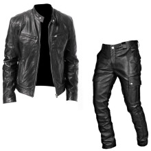 Men's Motorcycle Suit 2Piece Set  Leather Jacket  Trousers Biker Sports Outfit Rocker Style Cycling Clothing Black XXL