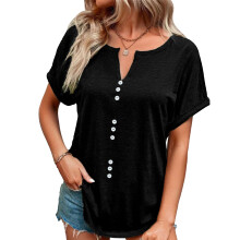 Top a tunica da donna con scollo a V e bottoni, maglietta estiva casual, leggera, vestibilità ampia, con maniche arrotolate, tessuto traspirante,
