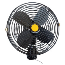 Robust vehicle cooling fan with 2 speed settings, metal construction, noise reduction technology, fan for cars, boats, durable 12V metal fan.