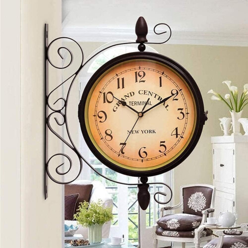 Outdoor Garden Clock Weatherproof Double Sided Rust Resistant Wrought Iron with Bracket 1