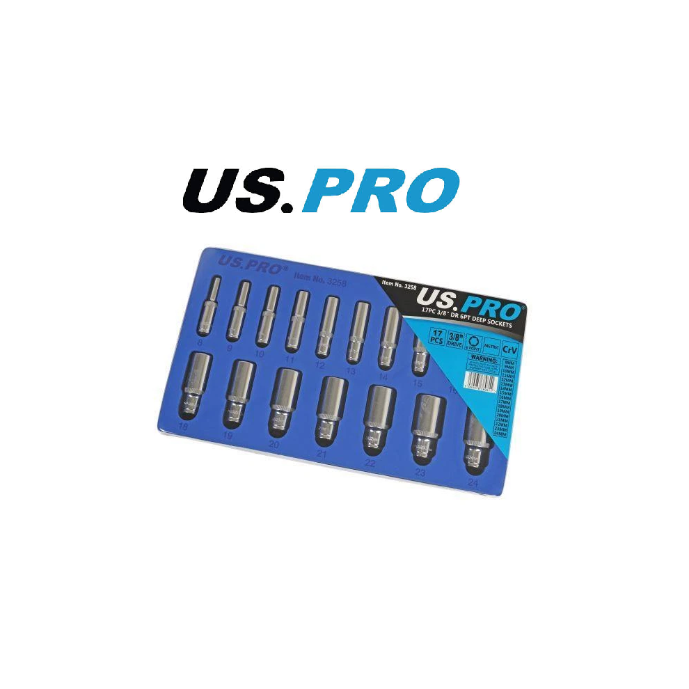 US PRO 17pc 3/8 Dr Metric Deep Socket Set 6 point 8 - 24mm 3258