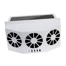 Solarpowered car fan for efficient ventilation in parked vehicles. Installs easily, absorbs sunlight to circulate air and combat odors.