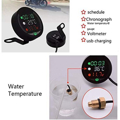 5in1 Motorcycle Water Temperature Gauge USB Rechargeable Time Voltmeter LED Display Meter with Temperature Sensor Ref: 7641 2