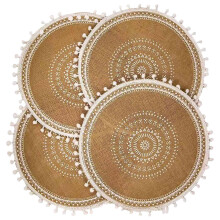 Runde Tischsets Set mit 4, Boho Tischsets Aus Gewebte Jute mit Pompon Quaste für das Esszimmer KüChen Tisch Dekor (WeißE Kugel)