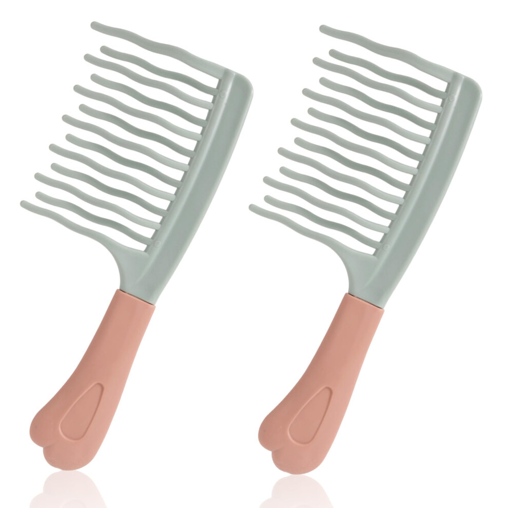 Unisex Green 2Pcs Wide Tooth Comb With Double Row Wavy Teeth, Detangling Comb For Curly Thick Wet Or Dry Hair,