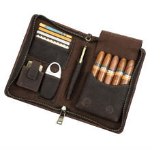 Portable Travel Humidor for Cigar Cutter, Leather Case Cigar Box for 5 Cigars, Brown Clutch Phone Case Kaffee5009