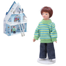 Miniaturjunge Puppe im Maßstab 1:12, grüner Pullover, braune Haare, 11,5 cm