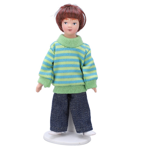 Miniaturjunge Puppe im Maßstab 1:12, grüner Pullover, braune Haare, 11,5 cm 1