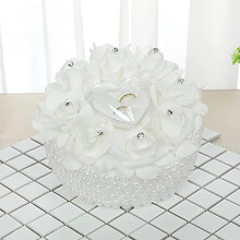 White Round Wedding Ring Pillow Rose Pearl Embellished Cushion Bearer Box With Ribbon Bowknot