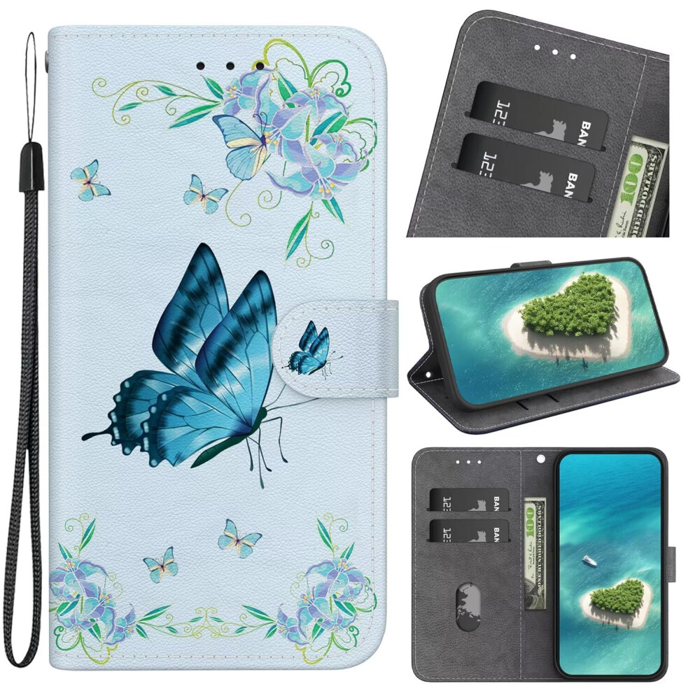 Miagon Kickstand Wallet Case For Xiaomi Redmi Note 13 Pro 4G, Leather Flip Cover With Magnetic Closure, Butterfly Flower Blue 9426802613919